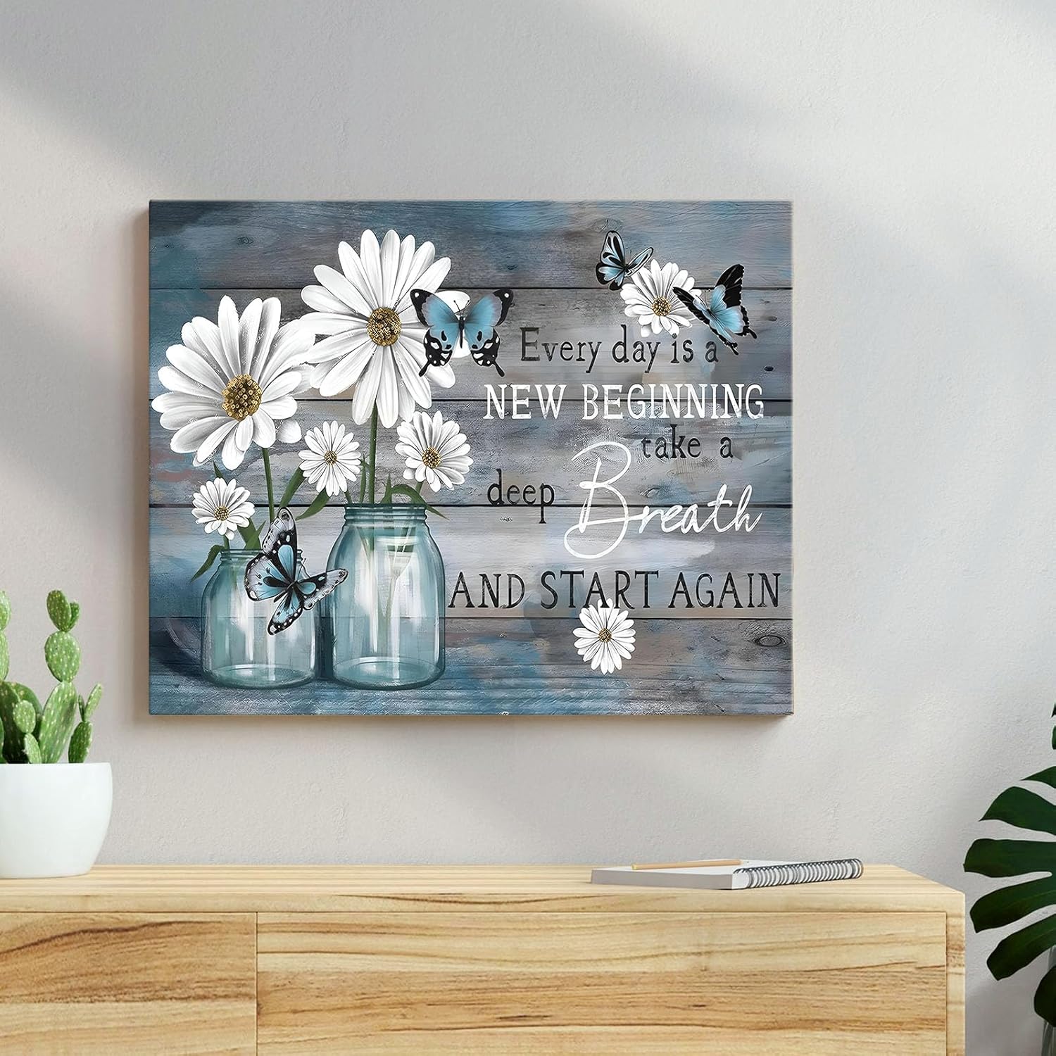 Sunwes Inspirational Canvas Wall Art, Every Day is a New Beginning with Daisies Butterflies Pictures Print, Motivational Quote Print Artwork, Rustic Wall Decor for Living Room and Bedroom 11x14inch - Image 4