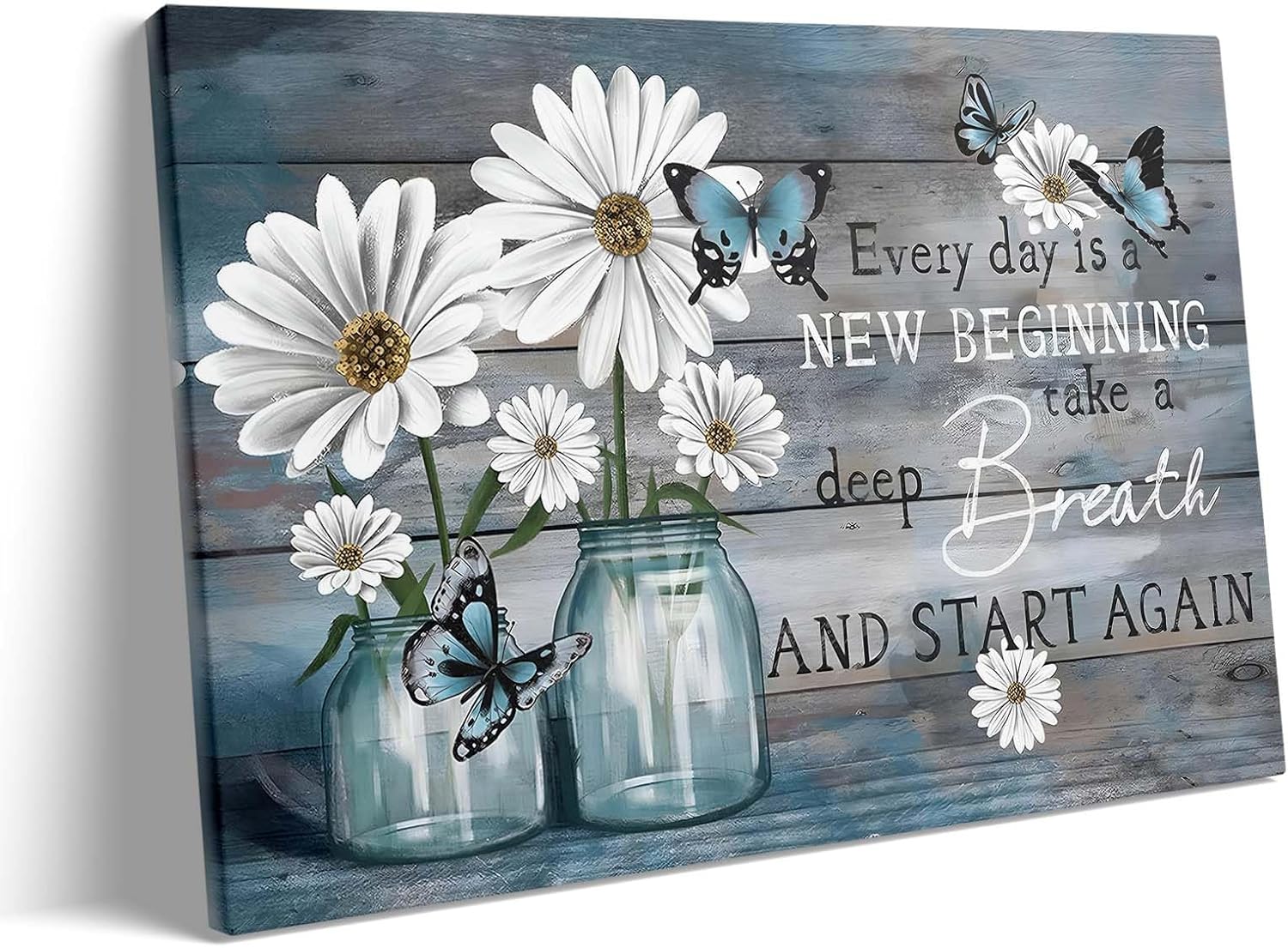 Sunwes Inspirational Canvas Wall Art, Every Day is a New Beginning with Daisies Butterflies Pictures Print, Motivational Quote Print Artwork, Rustic Wall Decor for Living Room and Bedroom 11x14inch