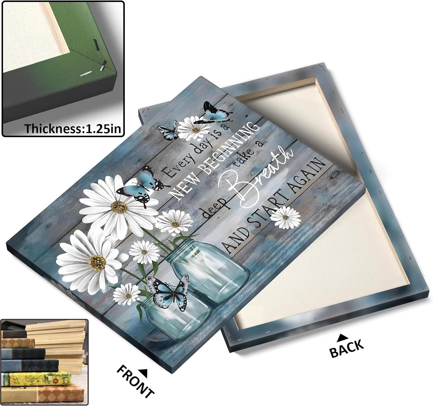 Sunwes Inspirational Canvas Wall Art, Every Day is a New Beginning with Daisies Butterflies Pictures Print, Motivational Quote Print Artwork, Rustic Wall Decor for Living Room and Bedroom 11x14inch - Image 3