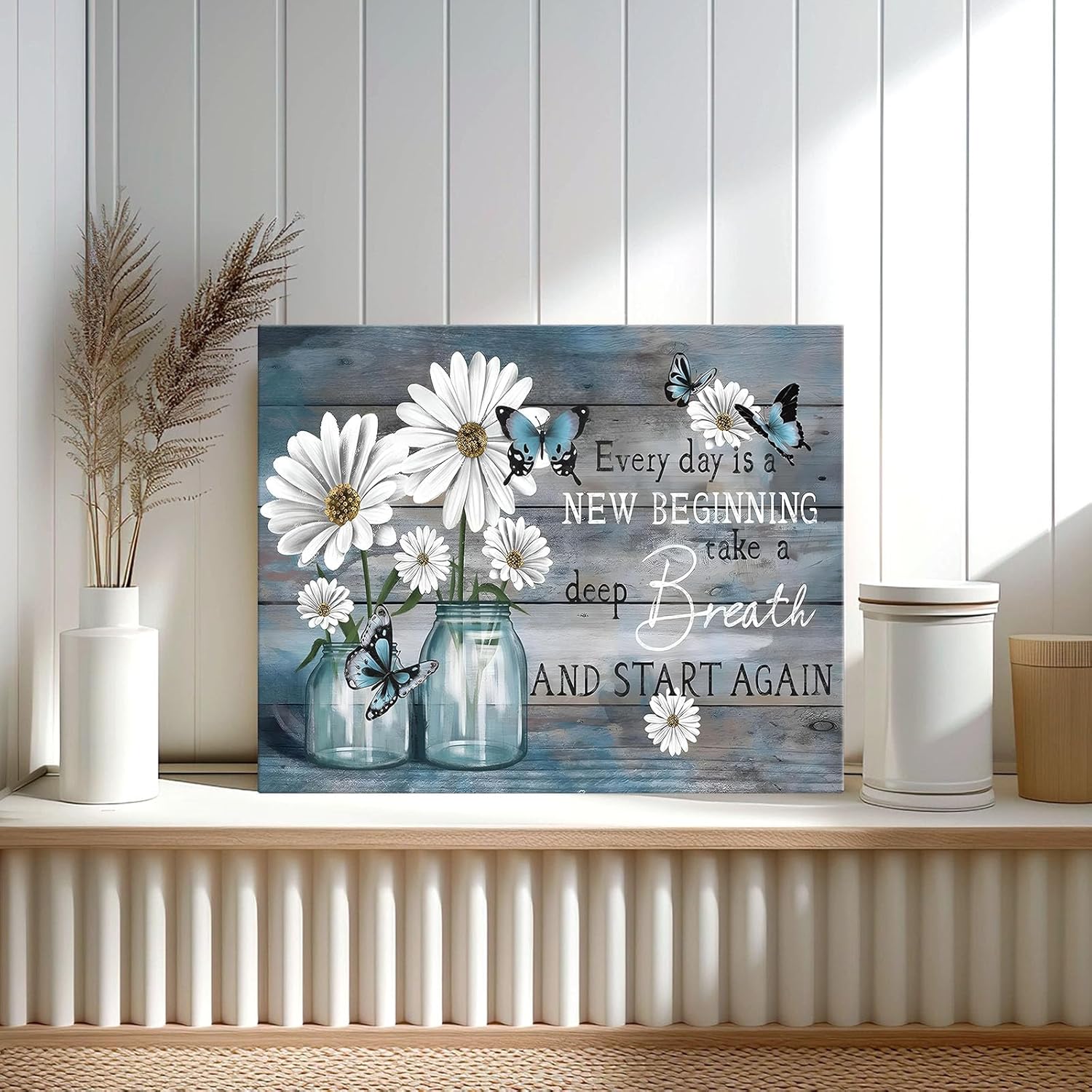 Sunwes Inspirational Canvas Wall Art, Every Day is a New Beginning with Daisies Butterflies Pictures Print, Motivational Quote Print Artwork, Rustic Wall Decor for Living Room and Bedroom 11x14inch - Image 5