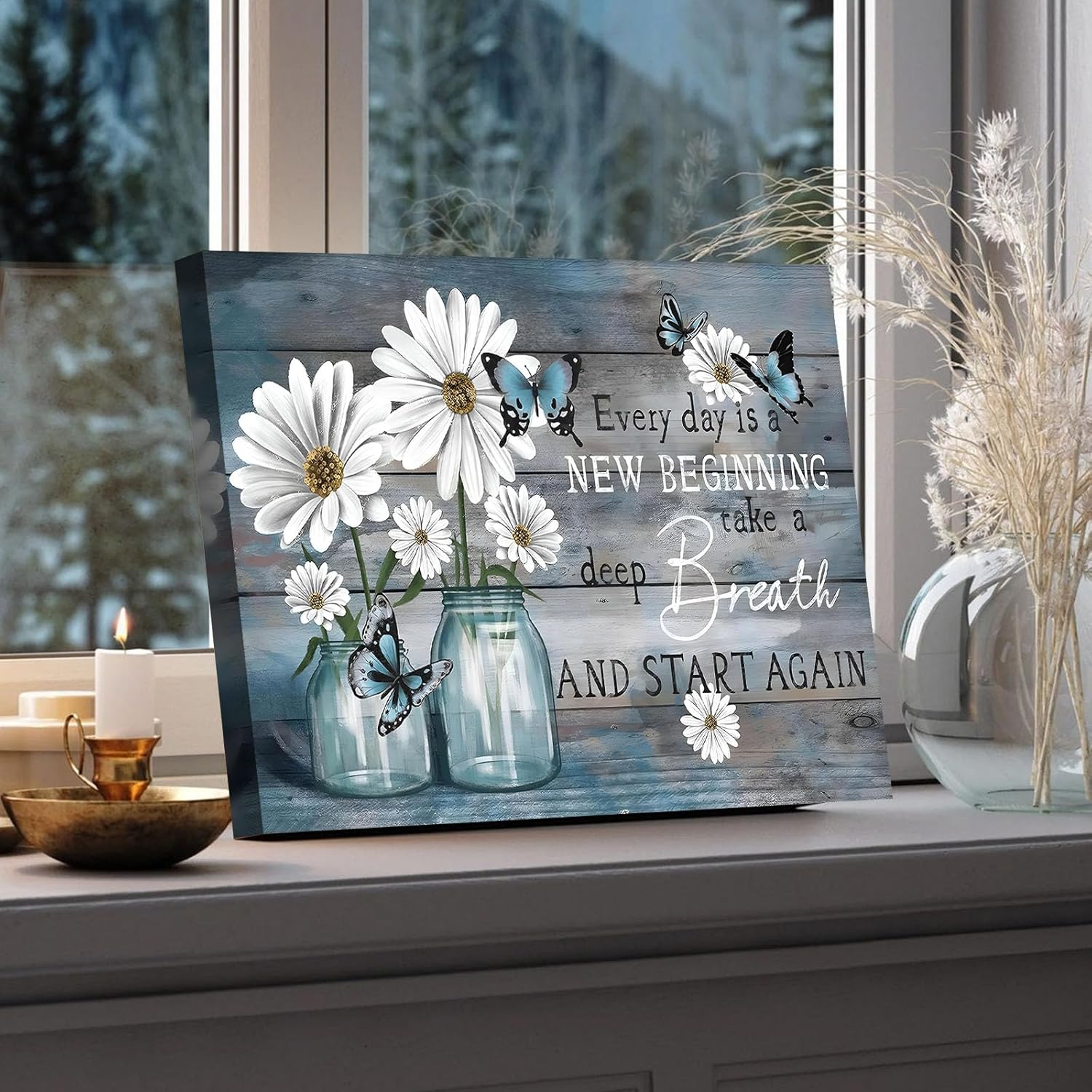 Sunwes Inspirational Canvas Wall Art, Every Day is a New Beginning with Daisies Butterflies Pictures Print, Motivational Quote Print Artwork, Rustic Wall Decor for Living Room and Bedroom 11x14inch - Image 7