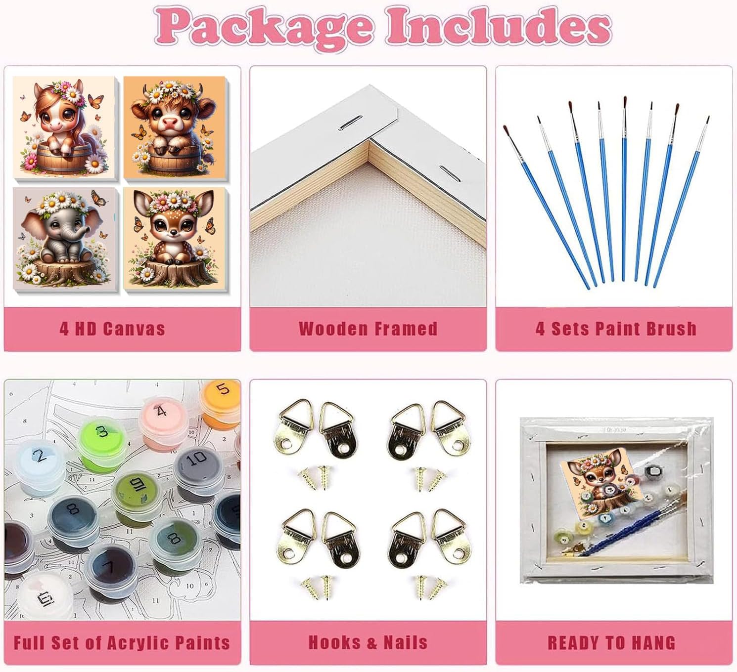 YarnWhimsy 4 Pack Paint by Numbers Kit for Kids with Frame- Animals Paint by Numbers for Kids Ages 4 8 12, Easy Elephants Horses Cows Deer DIY Acrylic Oil Painting Kits for Home Wall Decor(8X8inch) - Image 6