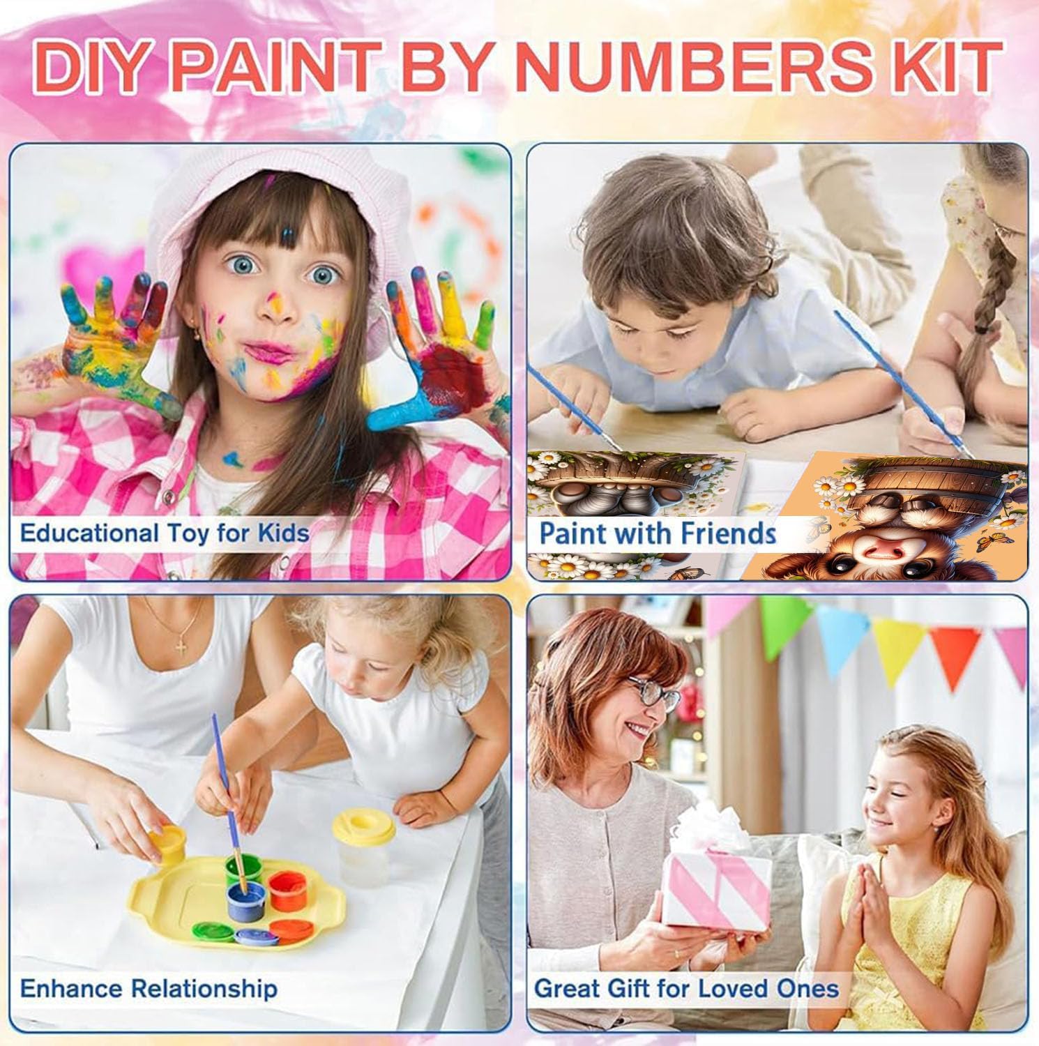 YarnWhimsy 4 Pack Paint by Numbers Kit for Kids with Frame- Animals Paint by Numbers for Kids Ages 4 8 12, Easy Elephants Horses Cows Deer DIY Acrylic Oil Painting Kits for Home Wall Decor(8X8inch) - Image 7
